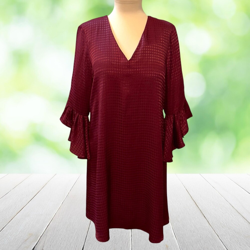 CALVIN KLEIN Shift Dress Jacquard Houndstooth Tiered Bell Sleeve Wine Size 8